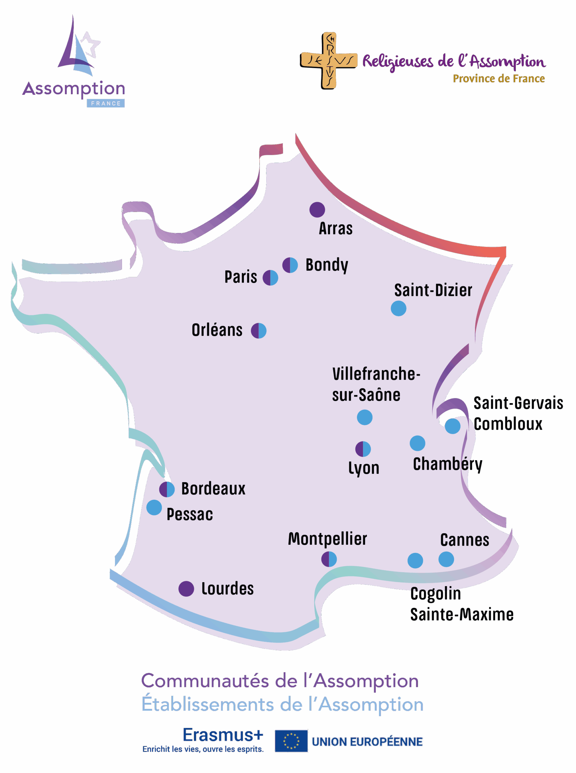 Carte de France du réseau des communautés de l'Assomption et des établissements